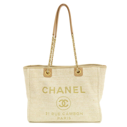 Chanel Tote Bag Tweed White Deauville Mm Gold Metal Women