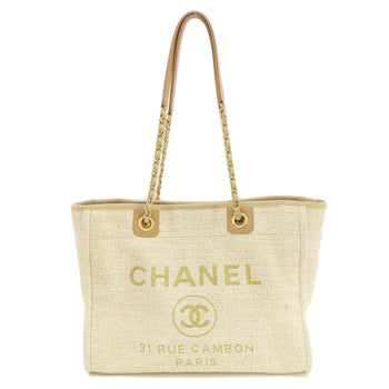 Chanel Tote Bag Tweed White Deauville Mm Gold Metal Women