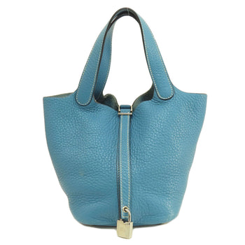 Hermes Handbag Taurillon Clemence Blue Picotin Lock Pm Blue Jean Silver Metal Women