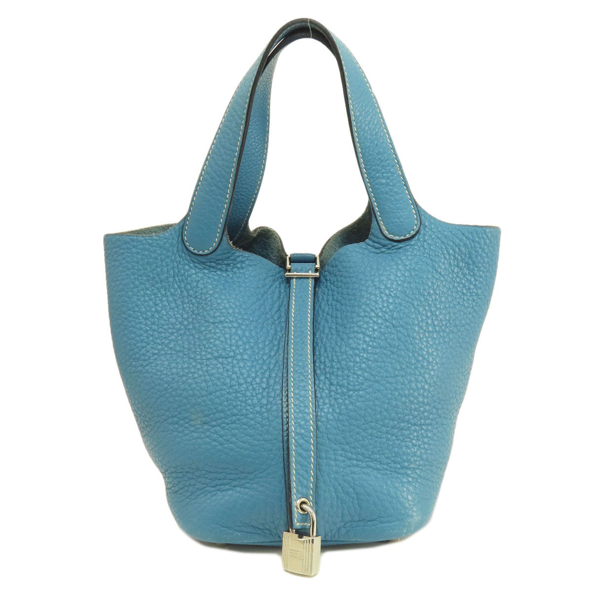 Hermes Handbag Taurillon Clemence Blue Picotin Lock Pm Blue Jean Silver Metal Women