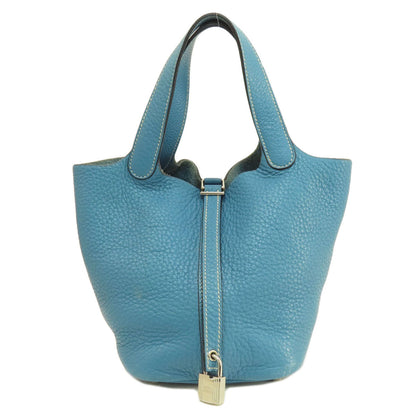 Hermes Handbag Taurillon Clemence Blue Picotin Lock Pm Blue Jean Silver Metal Women