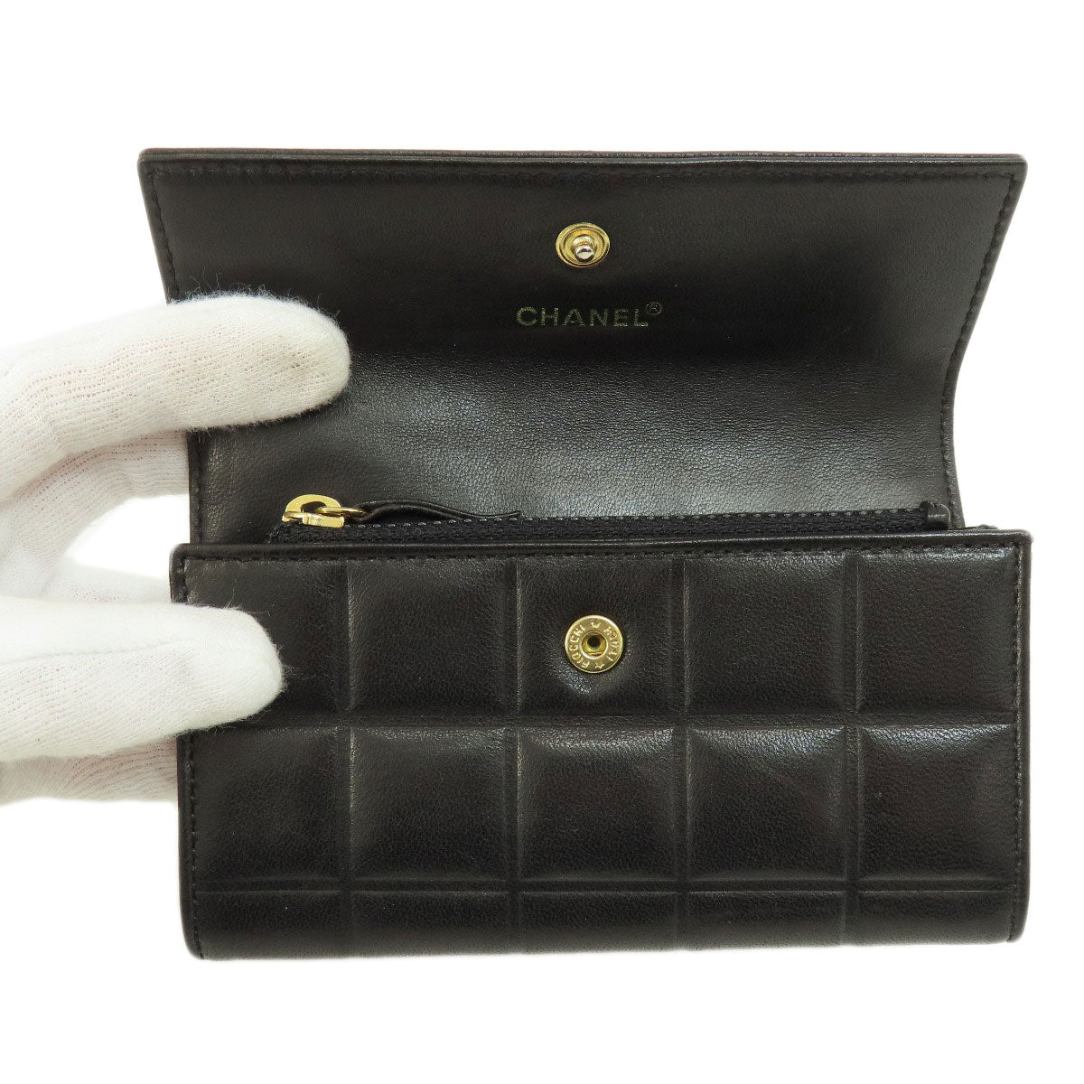 Chanel Bifold Wallet Calfskin Black Chocolate Bar Gold Metal Women