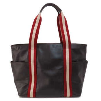 Bally Tote Bag Leather Brown Barry Stripe Women