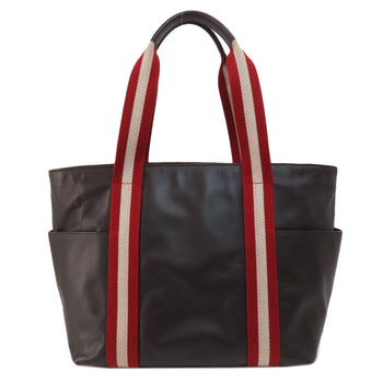 Bally Tote Bag Leather Brown Barry Stripe Women