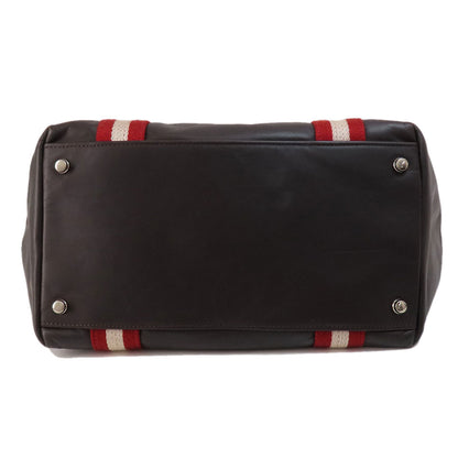 Bally Tote Bag Leather Brown Barry Stripe Women