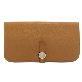 Hermes Long Wallet Purse Taurillon Clemence Brown Dogon Long Silvermetal Women