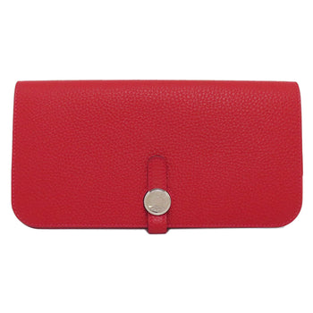 Hermes Long Wallet Purse Togo Red Dogon Long Silvermetal Women