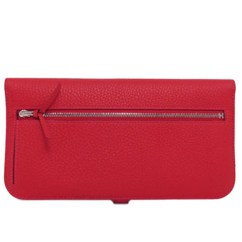 Hermes Long Wallet Purse Togo Red Dogon Long Silvermetal Women