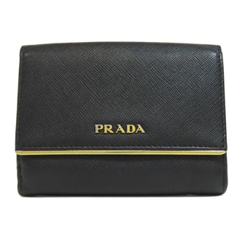 Prada Bifold Wallet Leather Black Safiano Logo Women