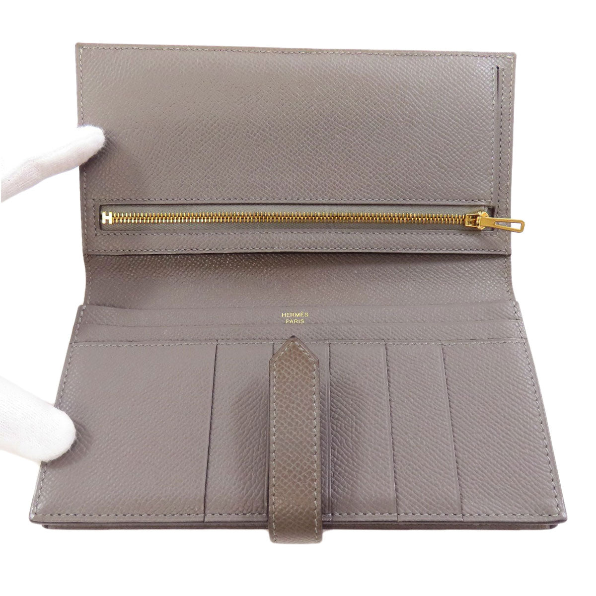 Hermes Long Wallet Purse Epsom Gray Bearn Soufflet Ethan Gold Metal Women