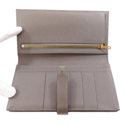 Hermes Long Wallet Purse Epsom Gray Bearn Soufflet Ethan Gold Metal Women