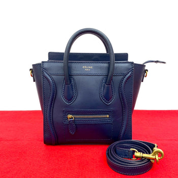 Celine Shoulder Bag Leather Navy Luggage Nano Shopper