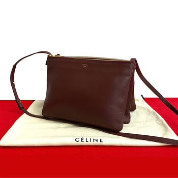 Celine Shoulder Bag Leather Wine-Red Trio Small