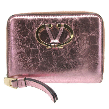 Valentino Coin Case Leather Metallic Pink V Logo Metal Color Wrinkled Finish Women
