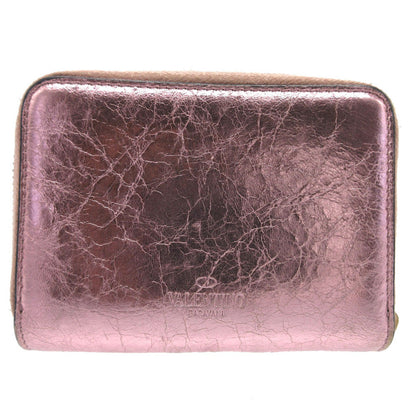 Valentino Coin Case Leather Metallic Pink V Logo Metal Color Wrinkled Finish Women