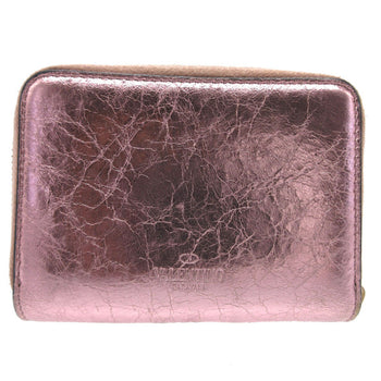 Valentino Coin Case Leather Metallic Pink V Logo Metal Color Wrinkled Finish Women