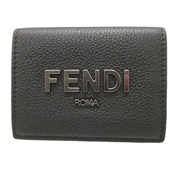 Fendi Tri-Fold Wallet 7M0280 Leather Black Compact Wallet Signature Logo Mens Secondhand
