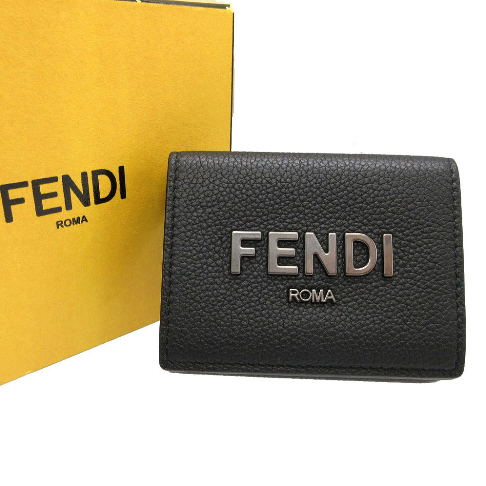 Fendi Tri-Fold Wallet 7M0280 Leather Black Compact Wallet Signature Logo Mens Secondhand