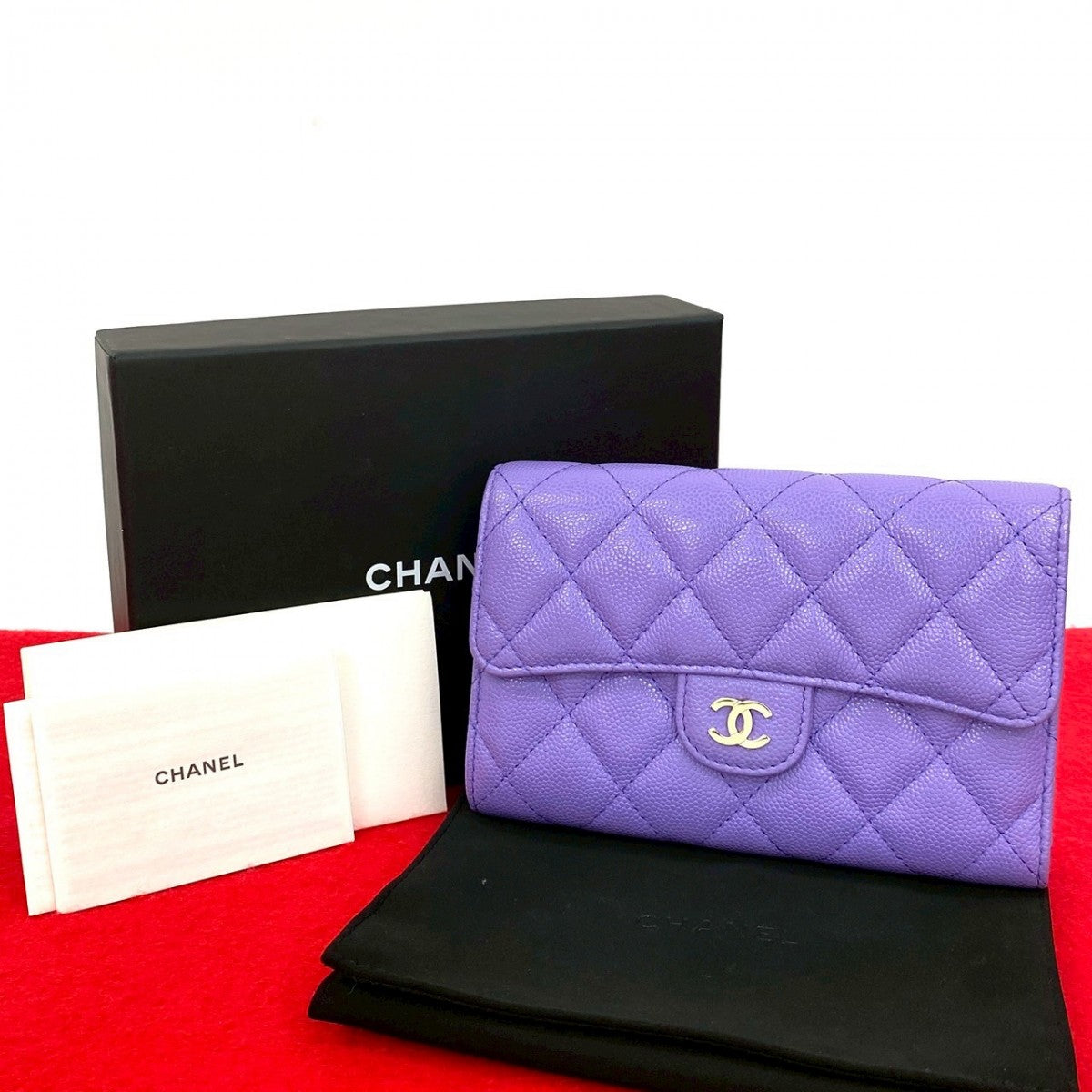 Chanel Tri-Fold Wallet Matt Caviar Skin Purple Matrasse
