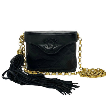 Chanel Shoulder Bag Lambskin Black Coco Mark Fringe Matrasse Women