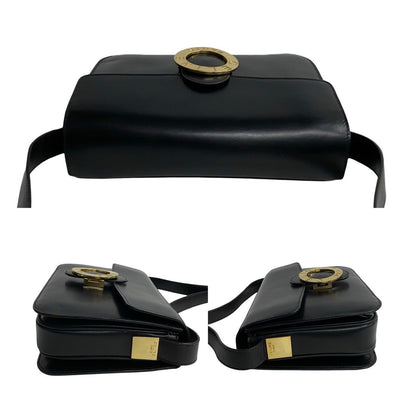 Celine Shoulder Bag Leather Black Circle Logo Metal Women