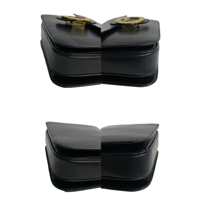 Celine Shoulder Bag Leather Black Circle Logo Metal Women