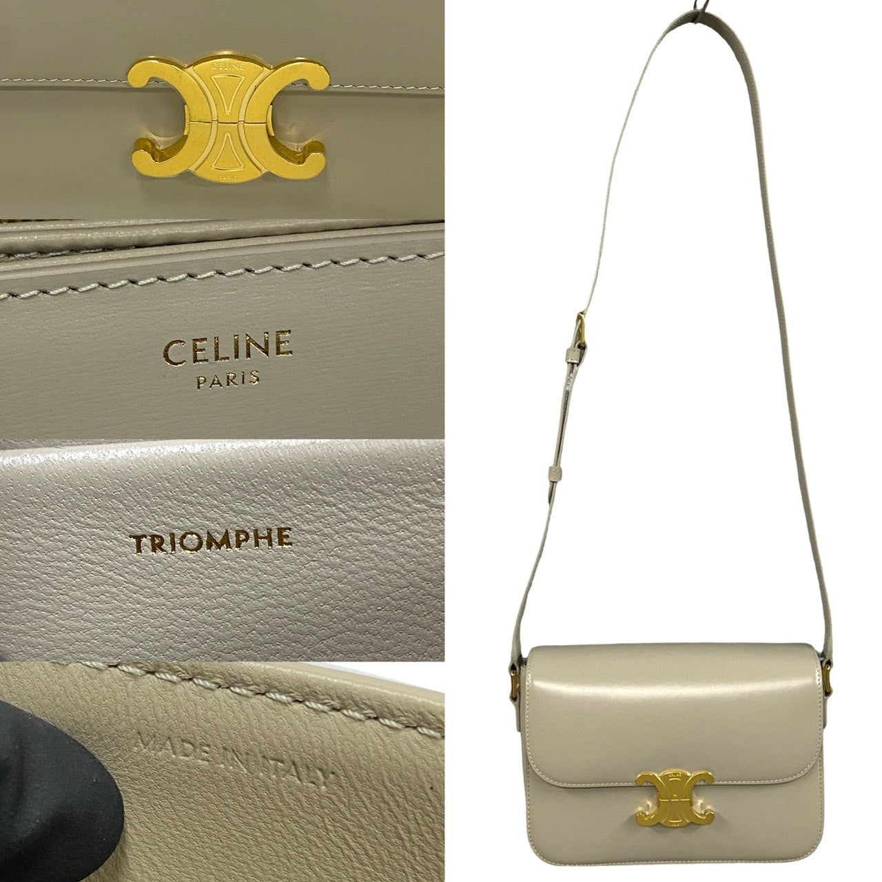 Celine Shoulder Bag Calfskin, Leather Beige Classic Triomphe Women