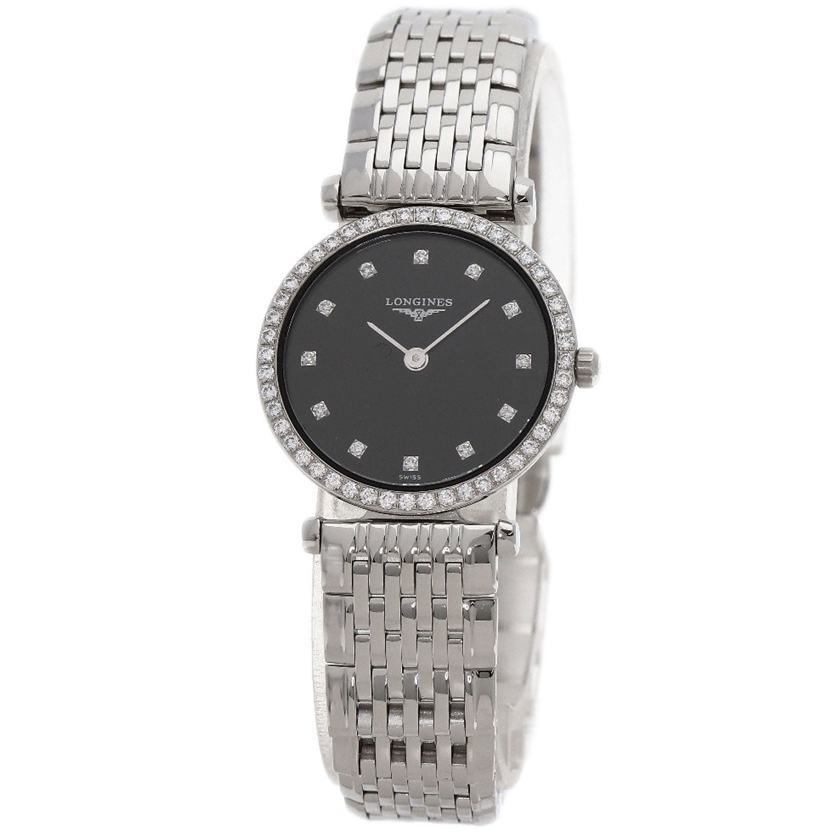 Longines Watches Quartz L4.241.0 Stainless Steel Silver Grand Classic Diamond Black Dial