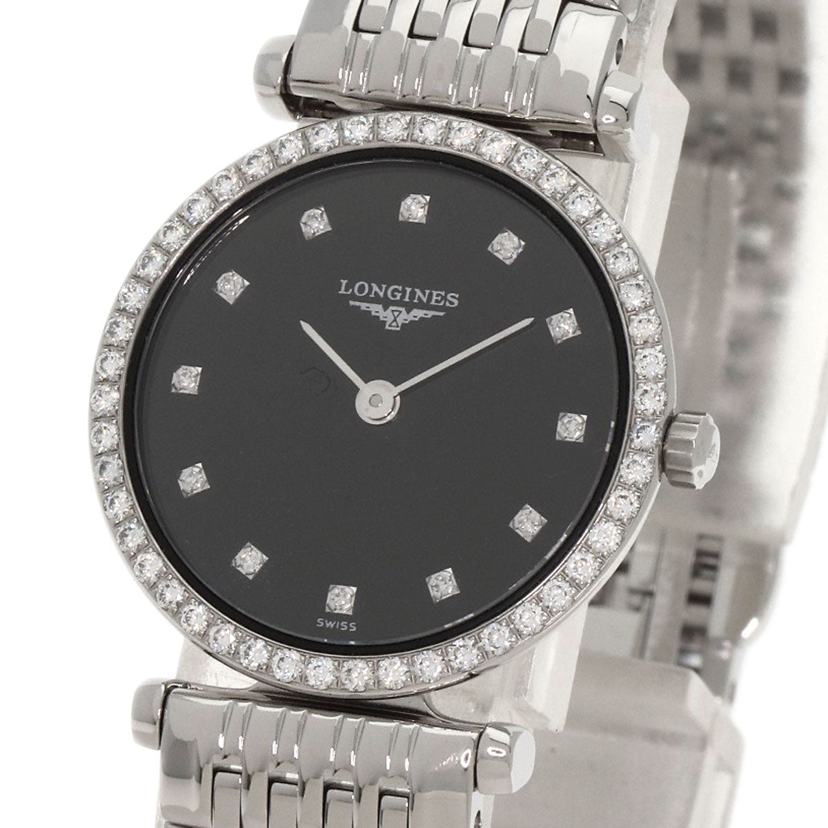 Longines Watches Quartz L4.241.0 Stainless Steel Silver Grand Classic Diamond Black Dial