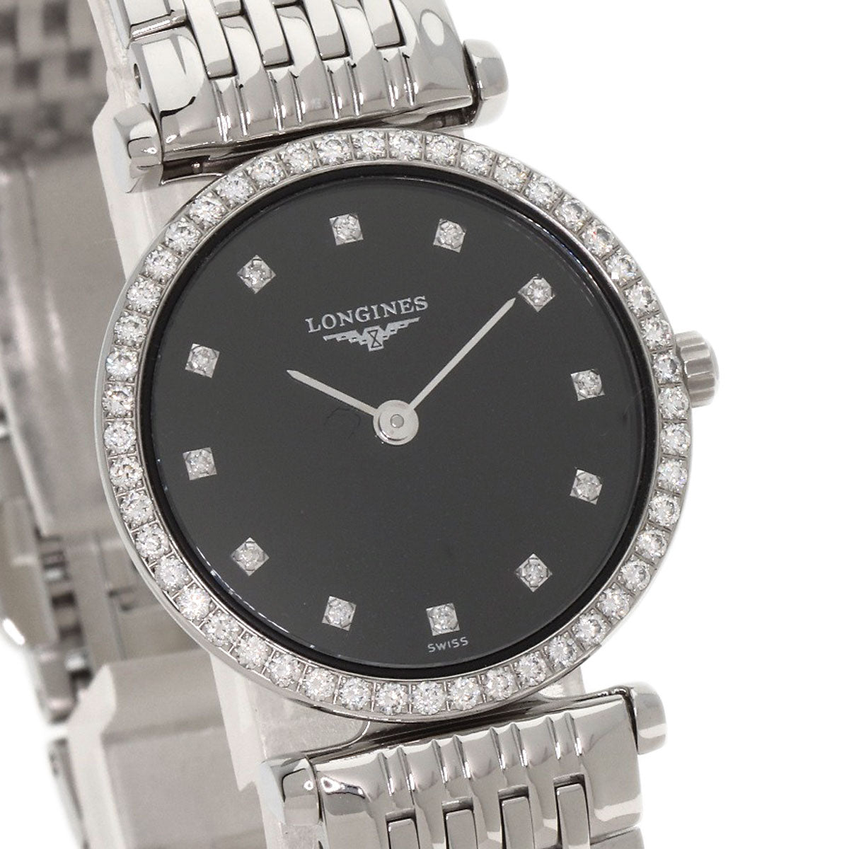 Longines Watches Quartz L4.241.0 Stainless Steel Silver Grand Classic Diamond Black Dial