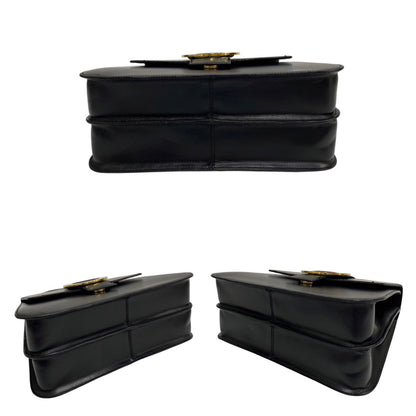 Celine Shoulder Bag Calfskin, Leather Black Circle Logo Metal 2Way Women