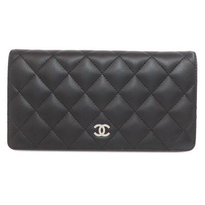 Chanel Long Wallet Purse Lambskin Black Matelasse Silvermetal Women