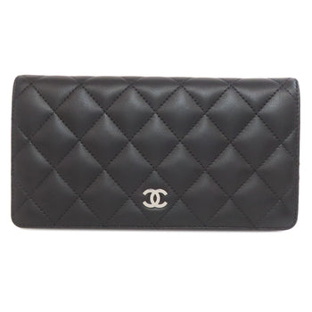 Chanel Long Wallet Purse Lambskin Black Matelasse Silvermetal Women