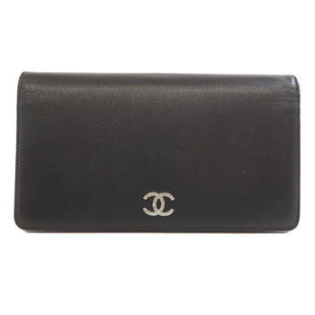 Chanel Long Wallet Purse Grained Calfskin Skin Black Coco Mark Silvermetal Women
