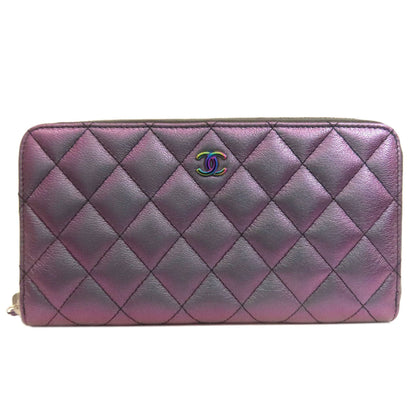 Chanel Long Wallet Purse Calfskin Purple Matelasse Coco Mark Silvermetal Women