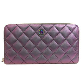 Chanel Long Wallet Purse Calfskin Purple Matelasse Coco Mark Silvermetal Women