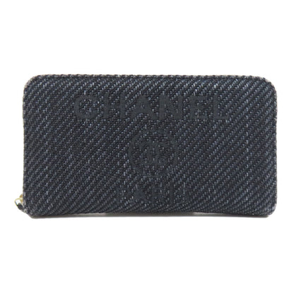 Chanel Long Wallet Purse Canvas Navy Deauville Small Zip Wallet Women
