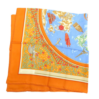 Hermes Scarf Silk Orange Carre90 World Map