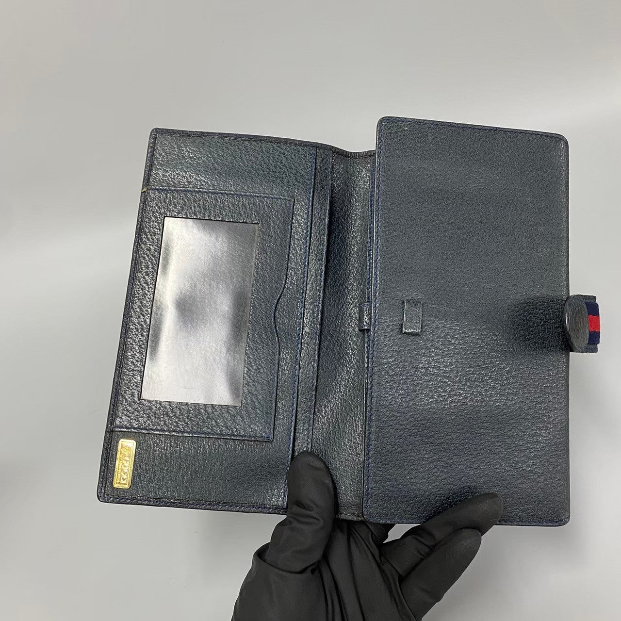 Gucci Long Wallet Purse Leather, Pvc Navy Sherry Line Micro Gg Women
