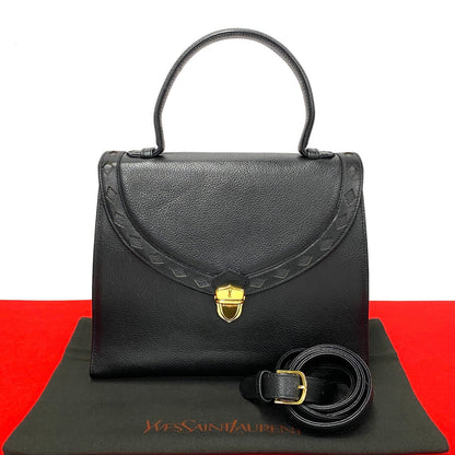 Yves Saint Laurent Shoulder Bag Leather Black Logo Metal 2Way Women