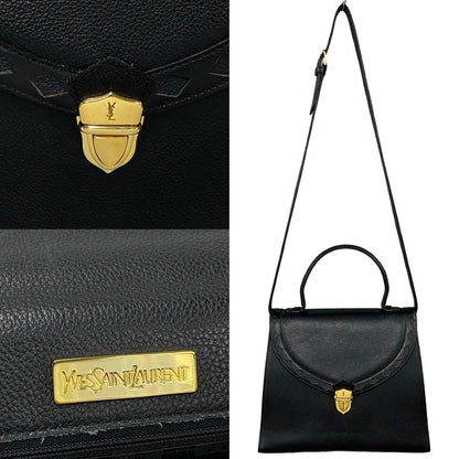 Yves Saint Laurent Shoulder Bag Leather Black Logo Metal 2Way Women
