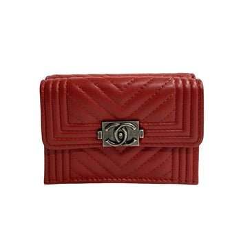 Chanel Tri-Fold Wallet Leather, Lambskin Red Coco Mark Boy Chanel Women