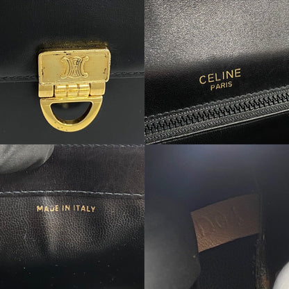 Celine Shoulder Bag Leather Black Triomphe Logo Metal Women