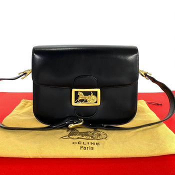 Celine Shoulder Bag Calfskin, Leather Black Logo Carriage Metal Women