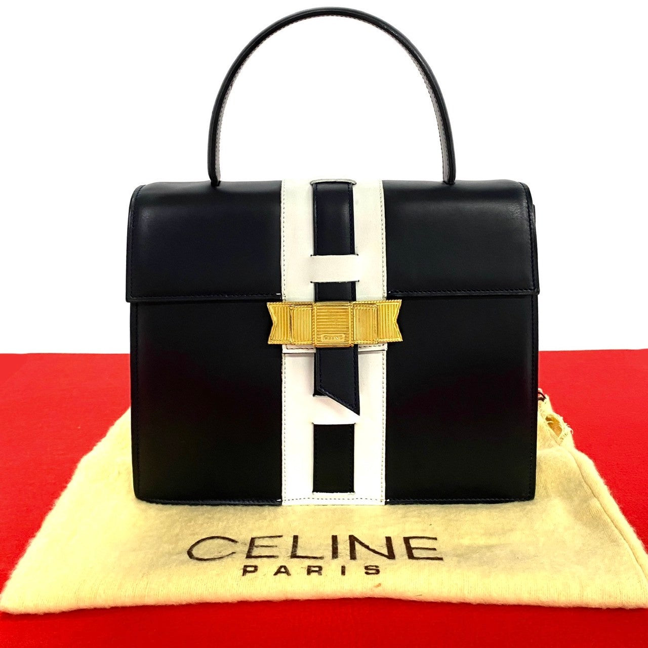 Celine Handbag Leather Navy Logo Ribbon Metal Women