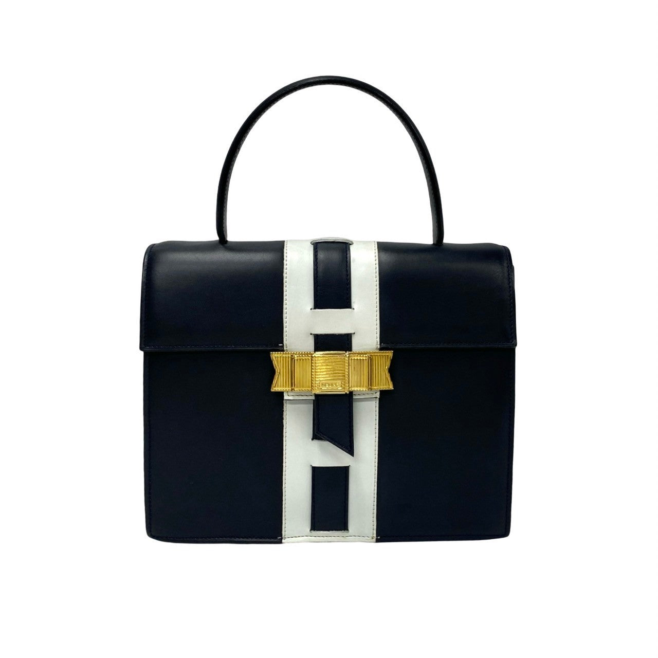 Celine Handbag Leather Navy Logo Ribbon Metal Women