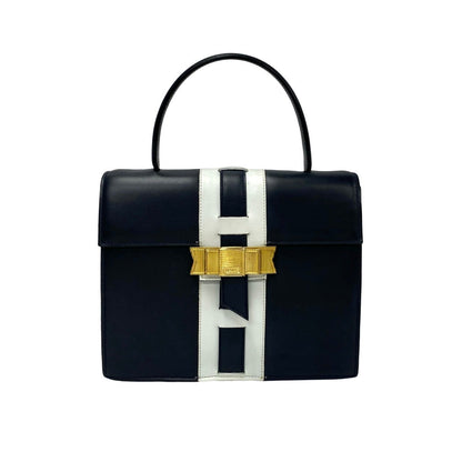 Celine Handbag Leather Navy Logo Ribbon Metal Women