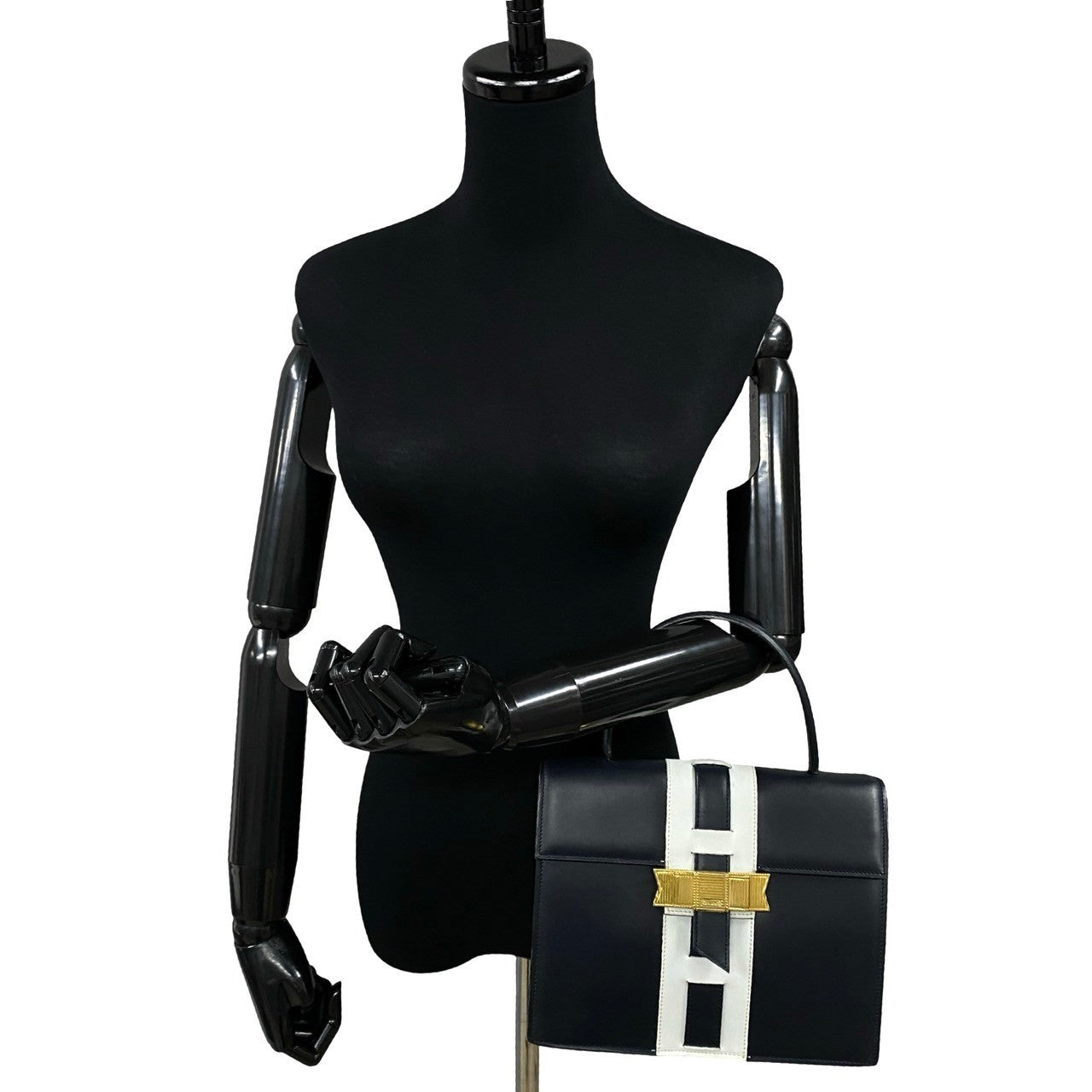 Celine Handbag Leather Navy Logo Ribbon Metal Women