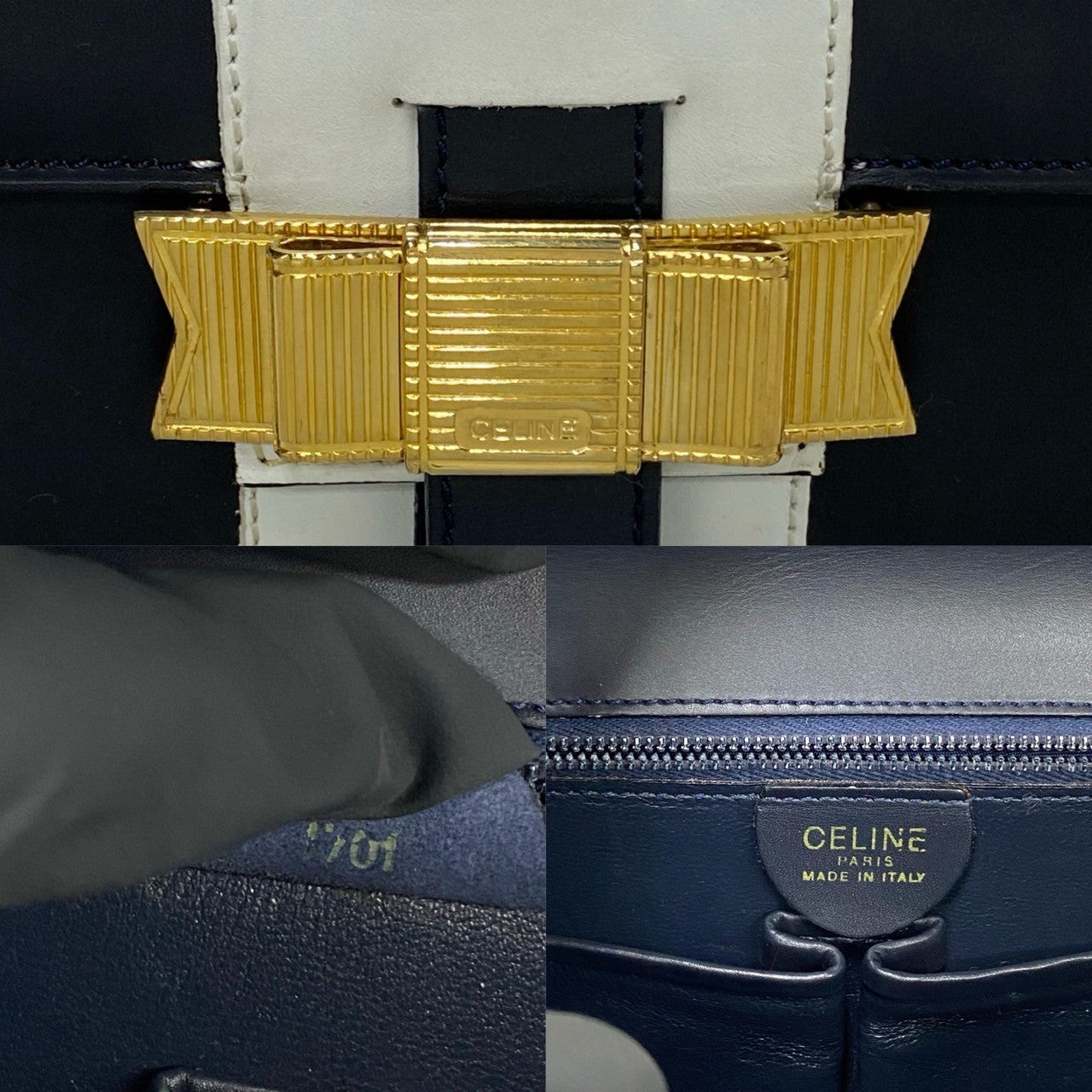 Celine Handbag Leather Navy Logo Ribbon Metal Women