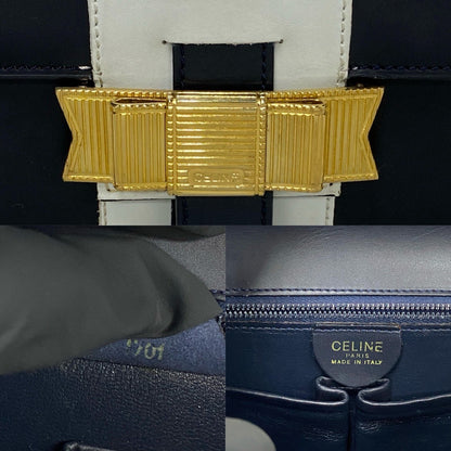 Celine Handbag Leather Navy Logo Ribbon Metal Women